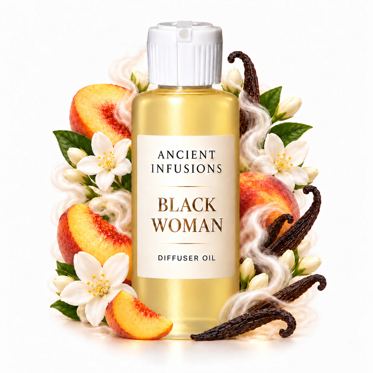 Black Woman Diffuser Oil by Ancient Infusions with golden oil, white cap and matching scent artwork
