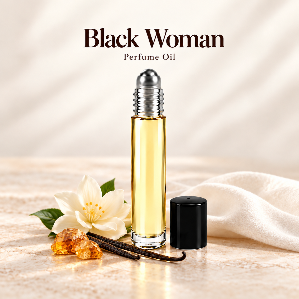 Black Woman Perfume Oil with simple scent note accents on soft ivory