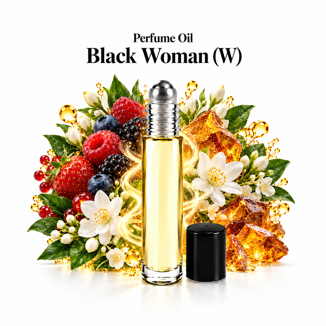 Black Woman Perfume Oil roll-on with scent-note imagery