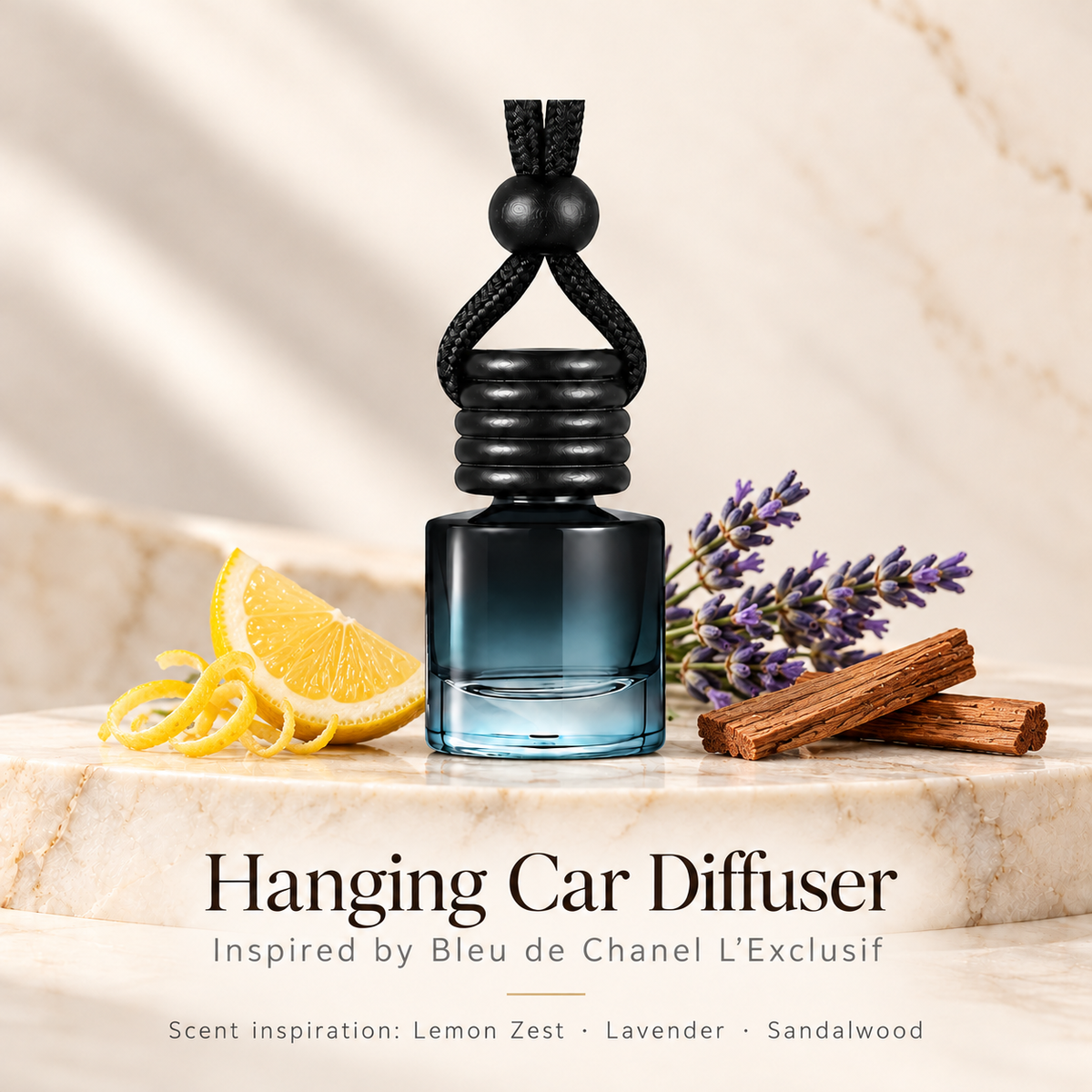 Hanging car diffuser inspired by Bleu de Chanel L’Exclusif, with scent illustrations on warm ivory stone