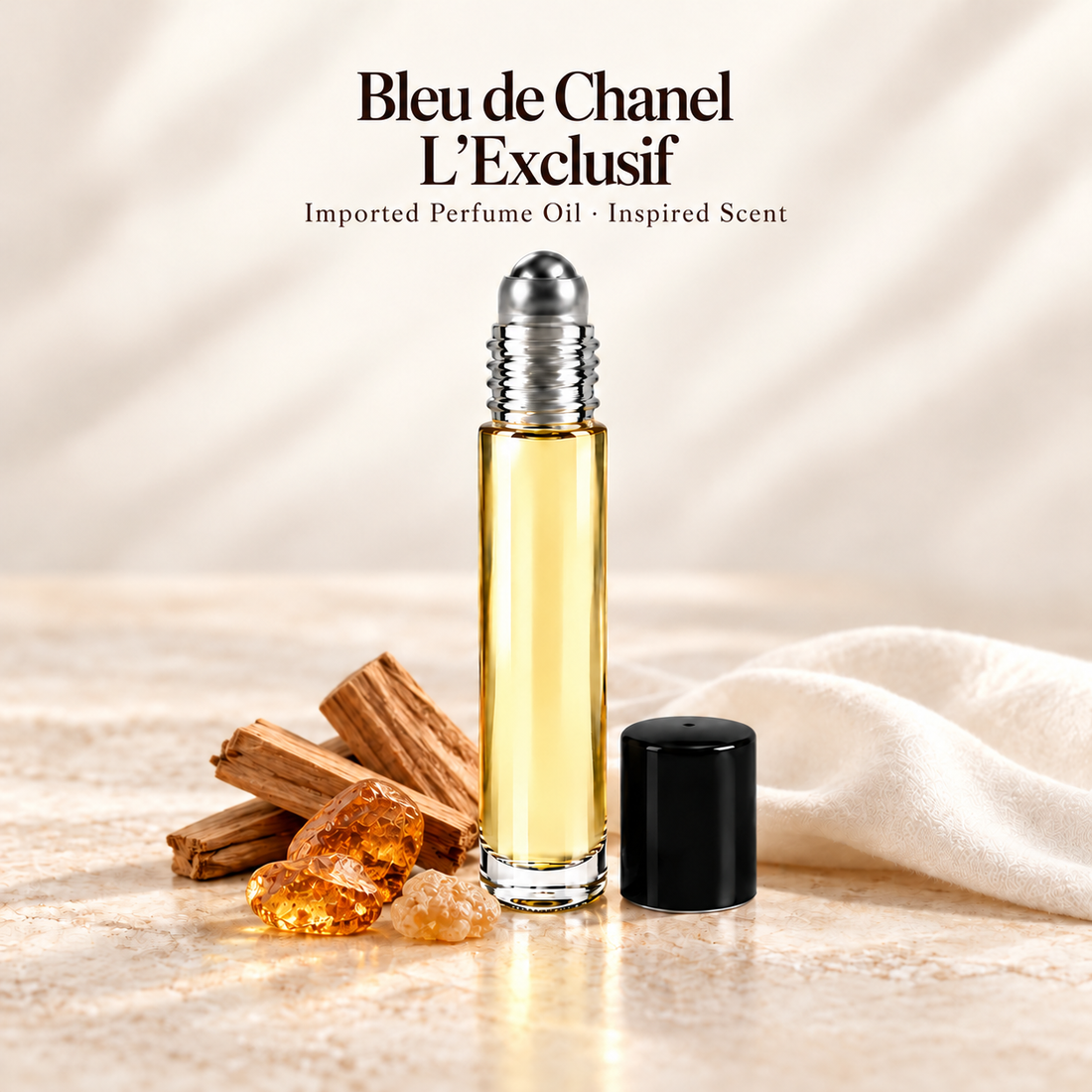 Bleu de Chanel L’Exclusif Perfume Oil with minimal fragrance note accents on ivory