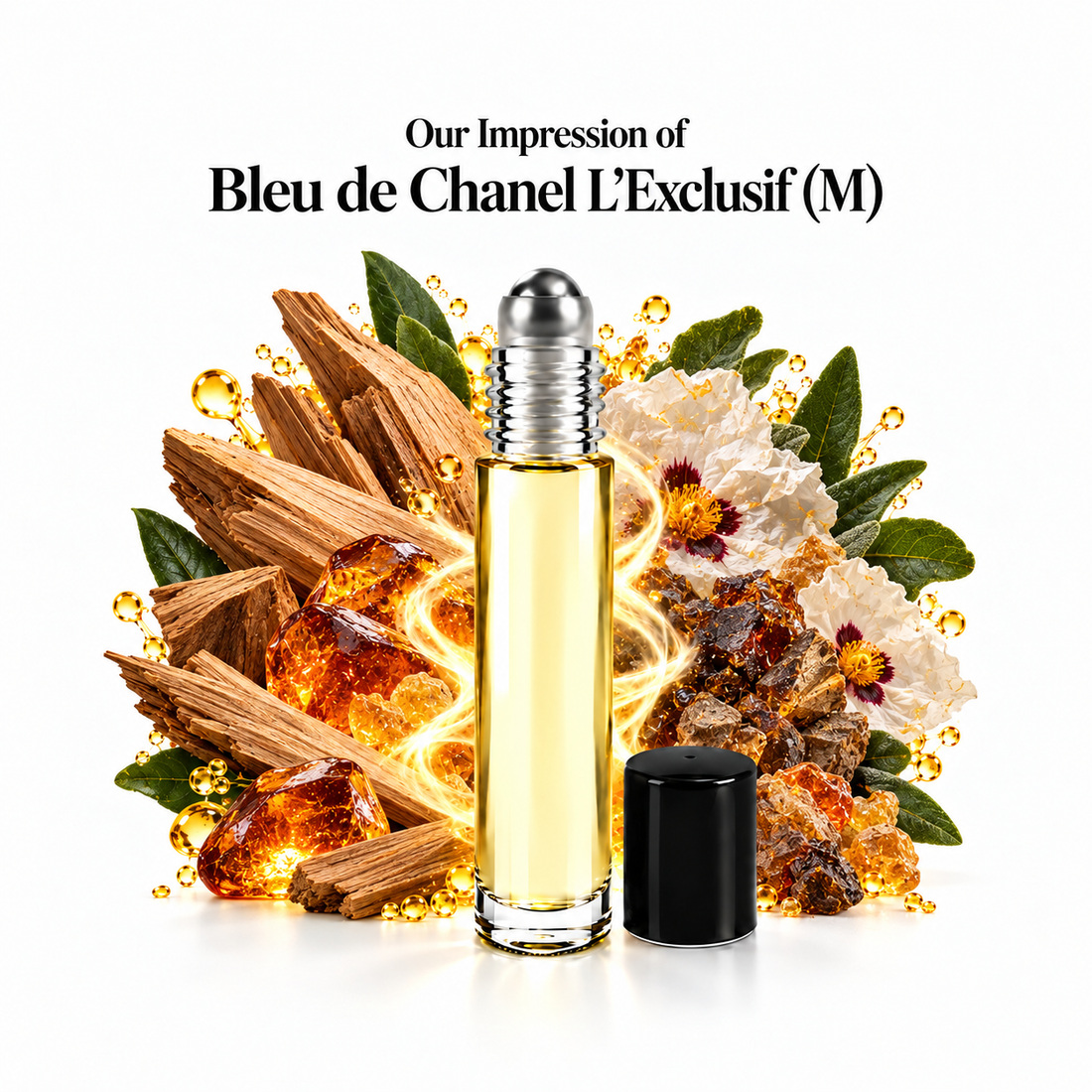 Our impression of Bleu de Chanel L’Exclusif Perfume Oil with fragrance notes on white
