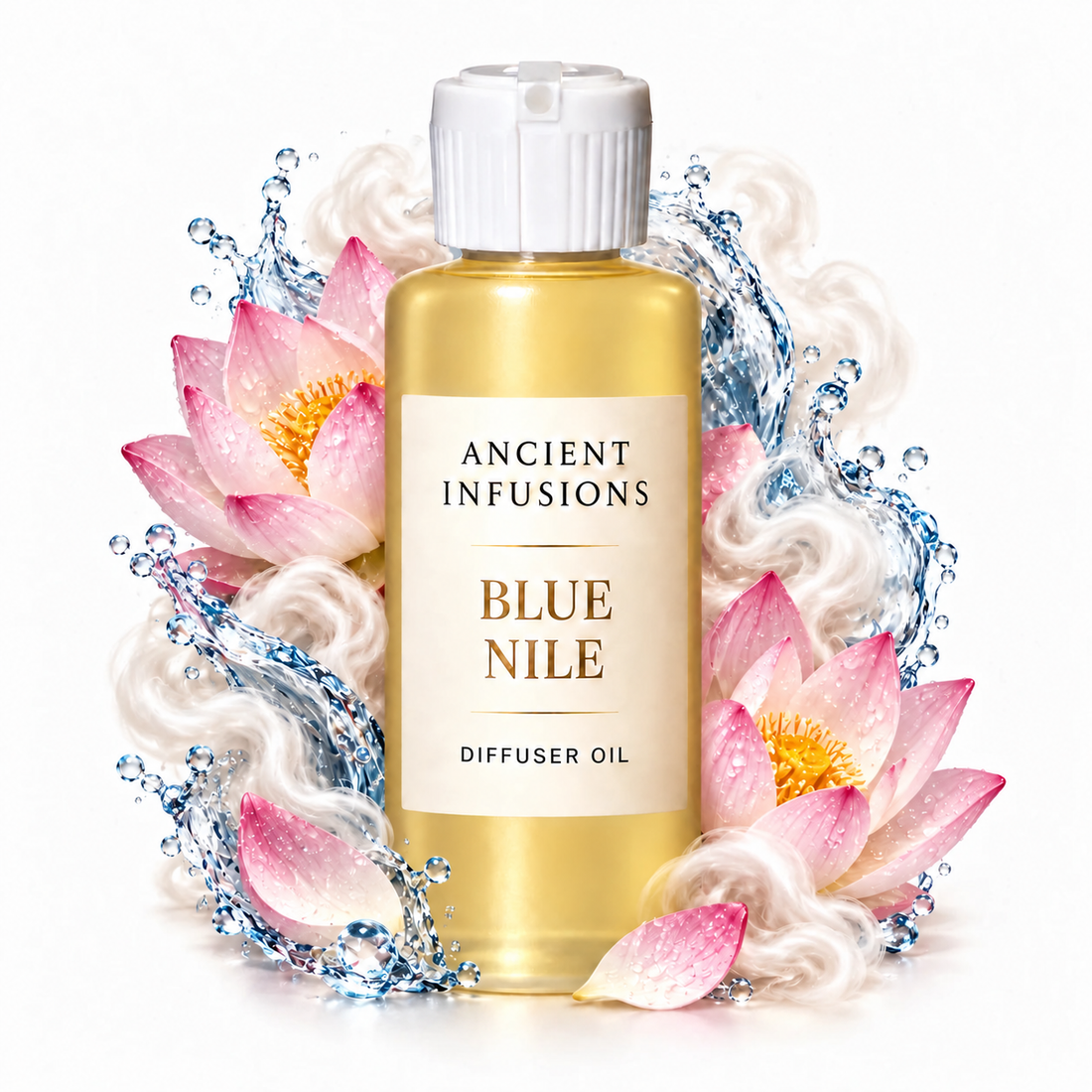 Blue Nile Diffuser Oil by Ancient Infusions with golden oil, white cap and matching scent artwork