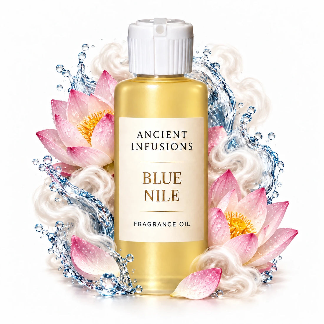 Blue Nile fragrance oil by Ancient Infusions, with pale yellow oil and a tight halo representing fresh water accord, lotus blossom, soft musk.