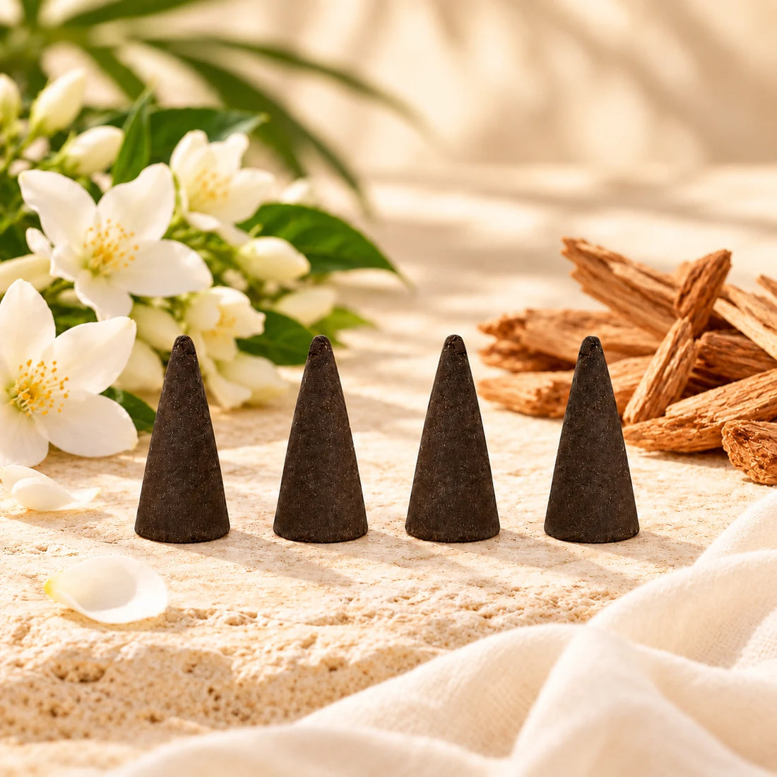 Blue Nile incense cones with flowers, wood and ivory cloth.