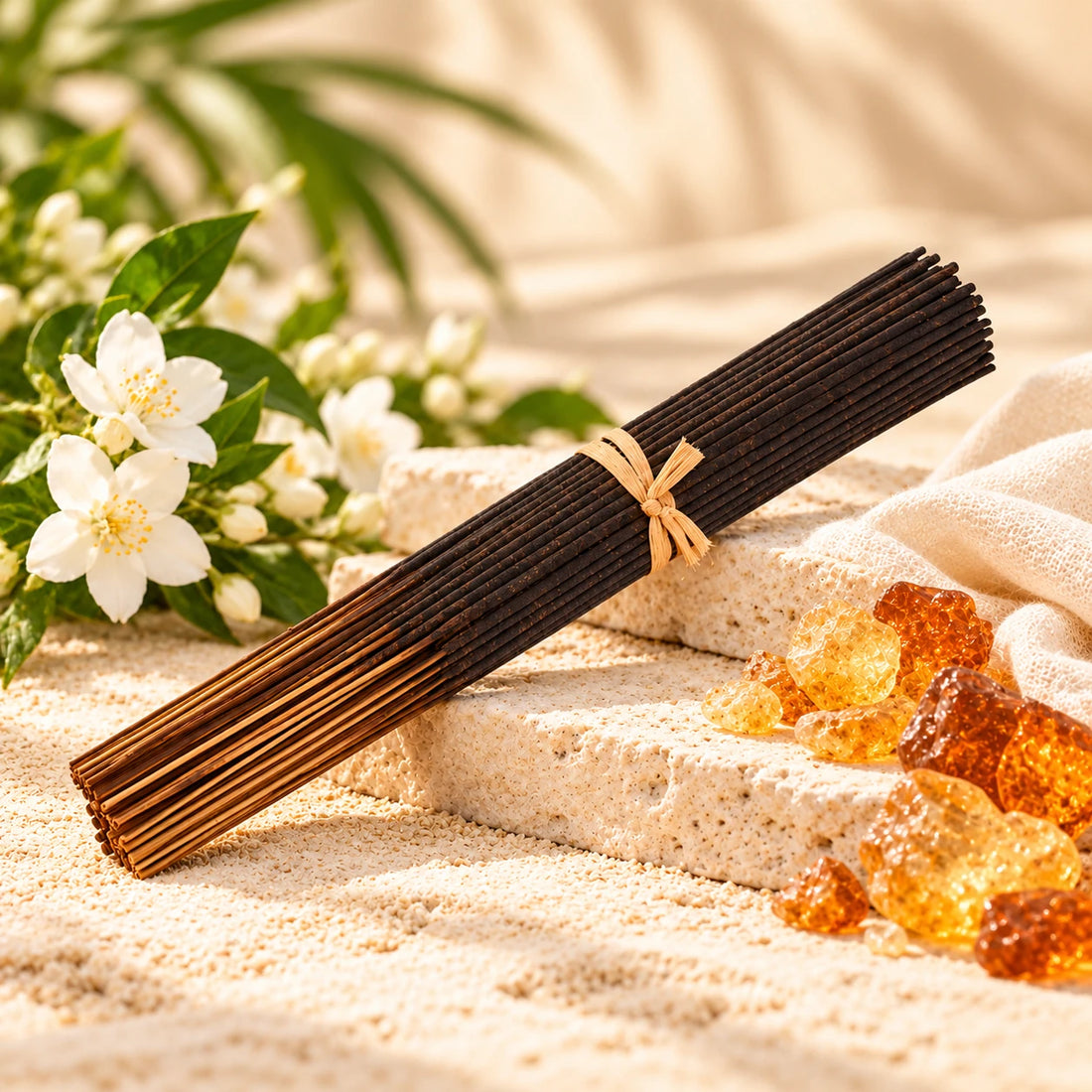 Blue Nile incense sticks with flowers, amber resin and ivory cloth.