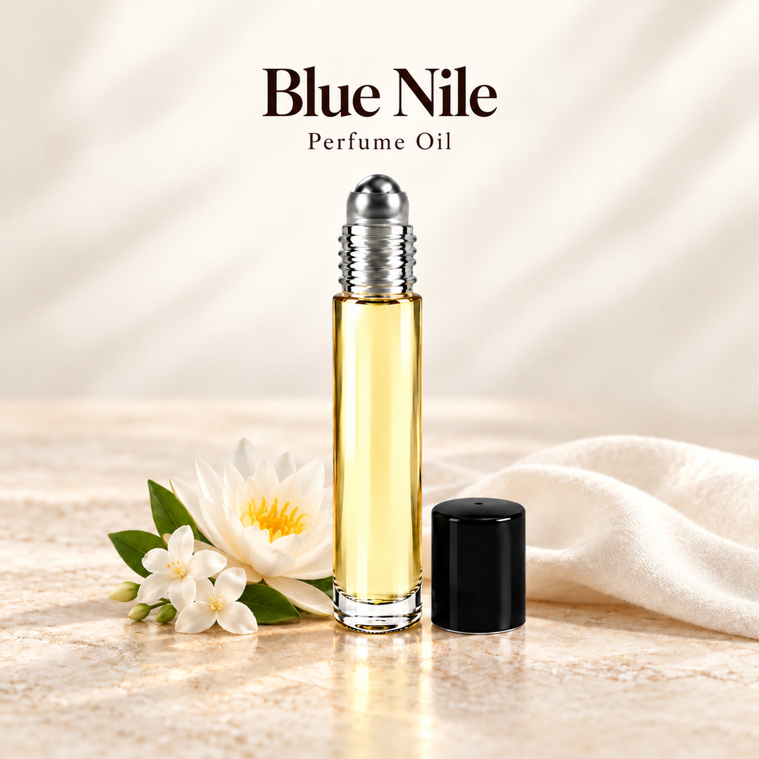 Blue Nile Perfume Oil with simple scent note accents on soft ivory