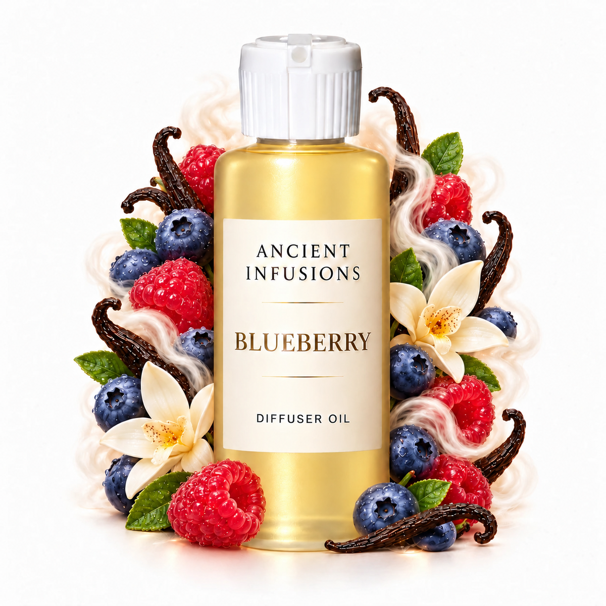 Blueberry Diffuser Oil by Ancient Infusions with golden oil, white cap and matching scent artwork