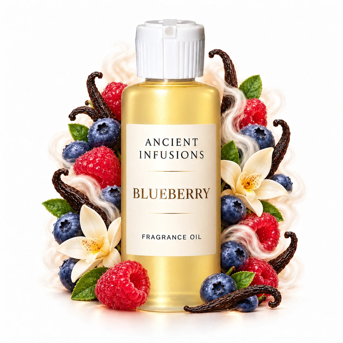 Blueberry fragrance oil by Ancient Infusions, with pale yellow oil and a tight halo representing fresh blueberry, raspberry, vanilla.