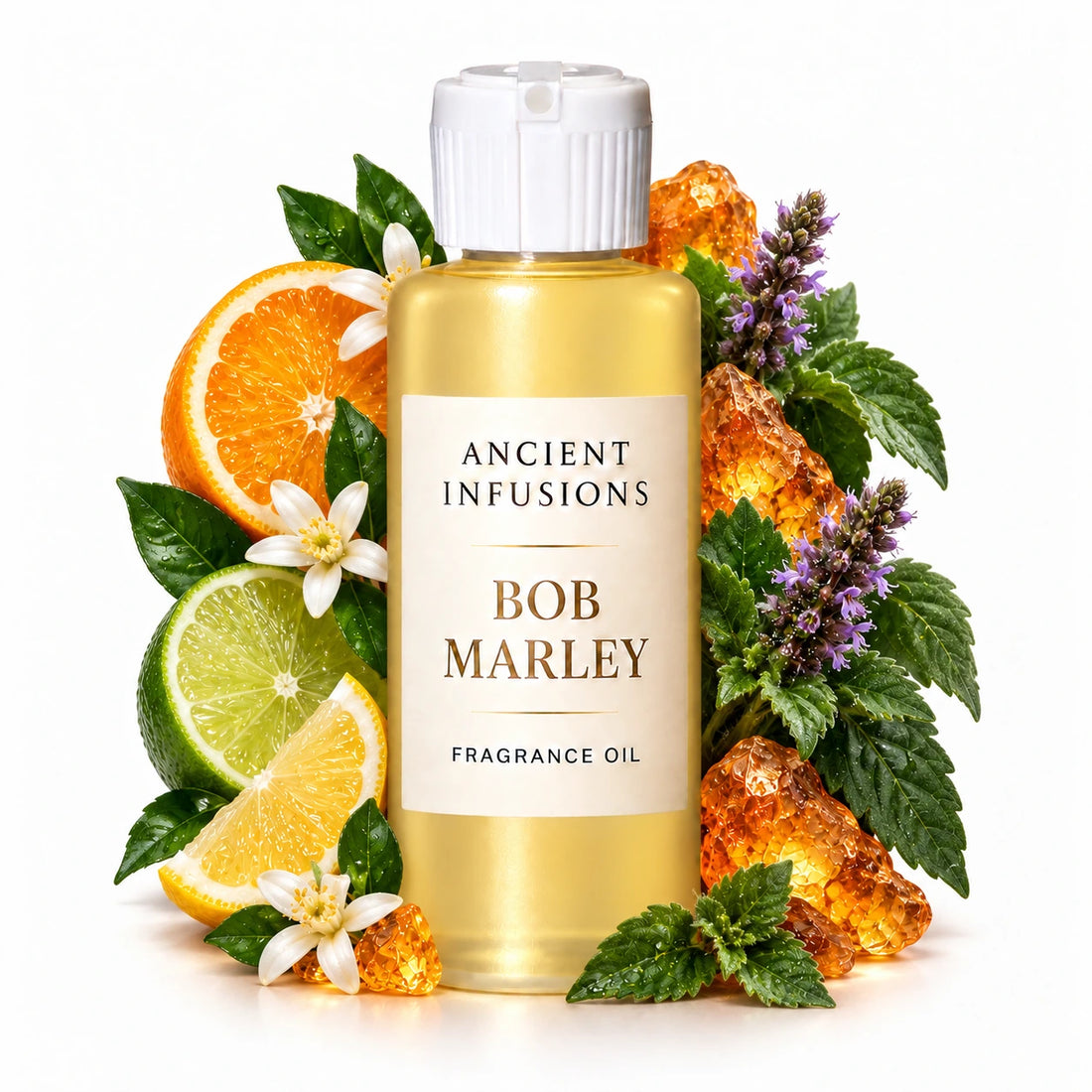 Bob Marley fragrance oil by Ancient Infusions, with pale yellow oil and a tight halo representing citrus, patchouli, amber.