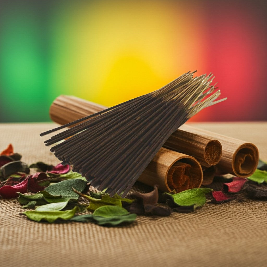Bob Marley Incense Sticks with wooden rolls and leaves on a colorful background