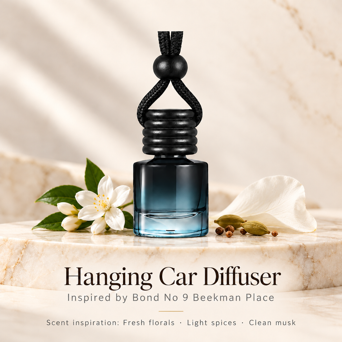 Hanging car diffuser inspired by Bond No 9 Beekman Place, with scent illustrations on warm ivory stone