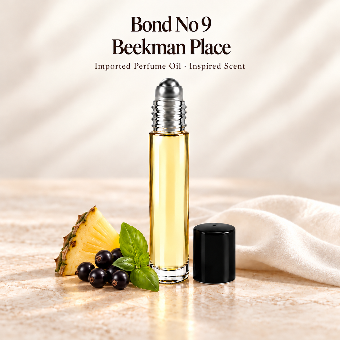 Bond No 9 Beekman Place Perfume Oil with minimal fragrance note accents on soft ivory
