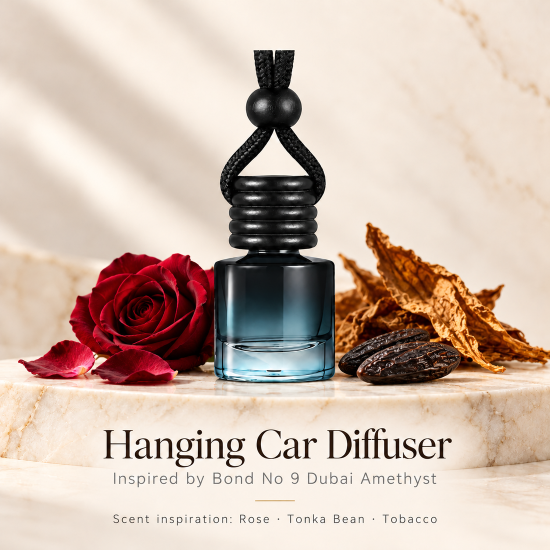 Hanging car diffuser inspired by Bond No 9 Dubai Amethyst, with scent illustrations on warm ivory stone