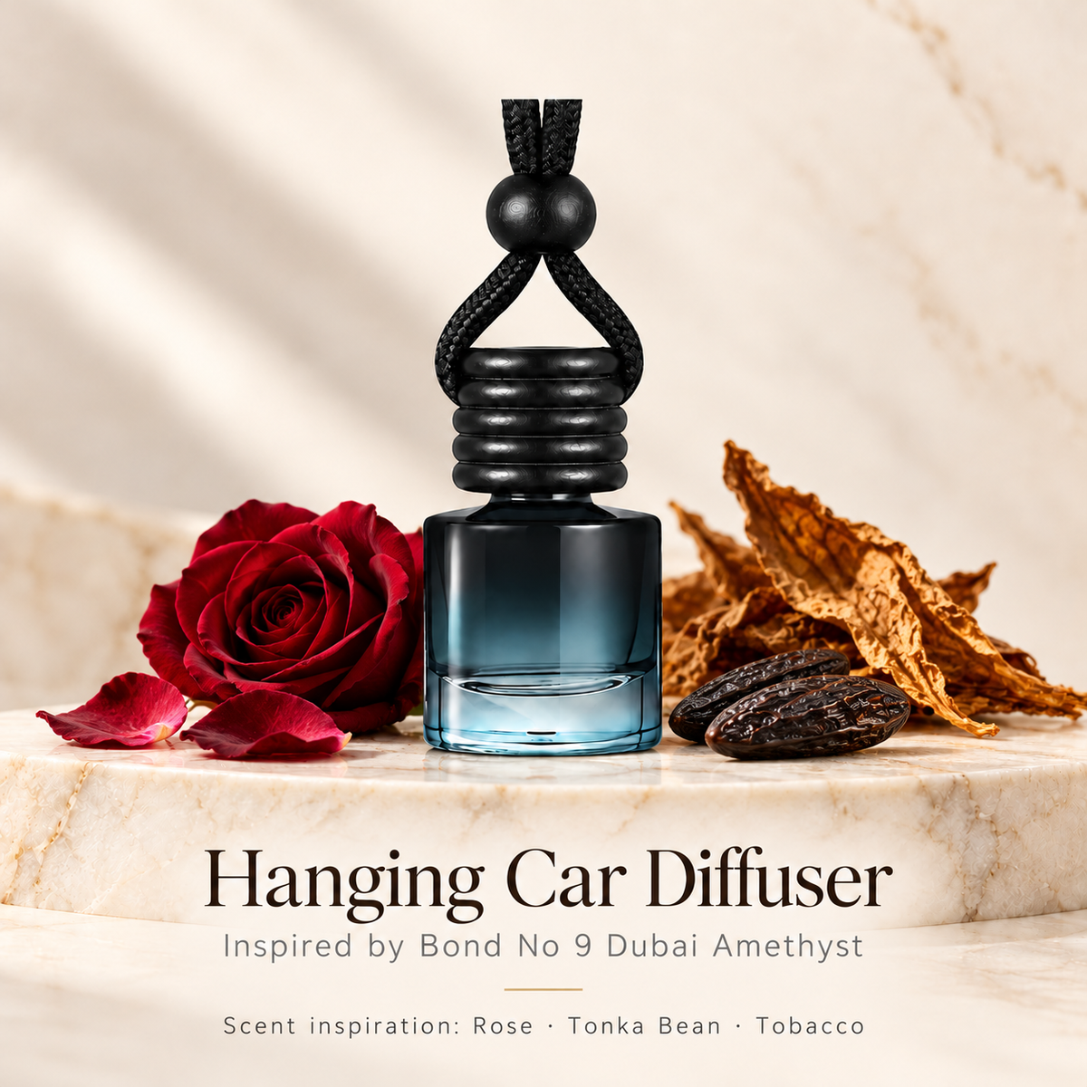 Hanging car diffuser inspired by Bond No 9 Dubai Amethyst, with scent illustrations on warm ivory stone
