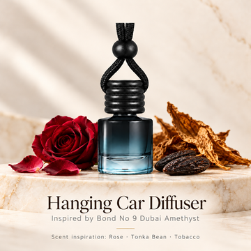 Hanging car diffuser inspired by Bond No 9 Dubai Amethyst, with scent illustrations on warm ivory stone