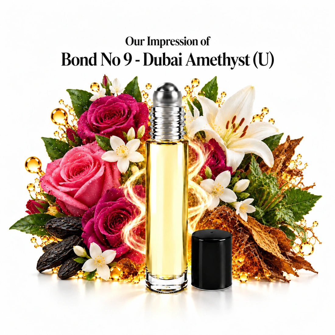 Our impression of Bond No 9 Dubai Amethyst perfume oil with rose, lily, jasmine, tonka, tobacco and patchouli on white