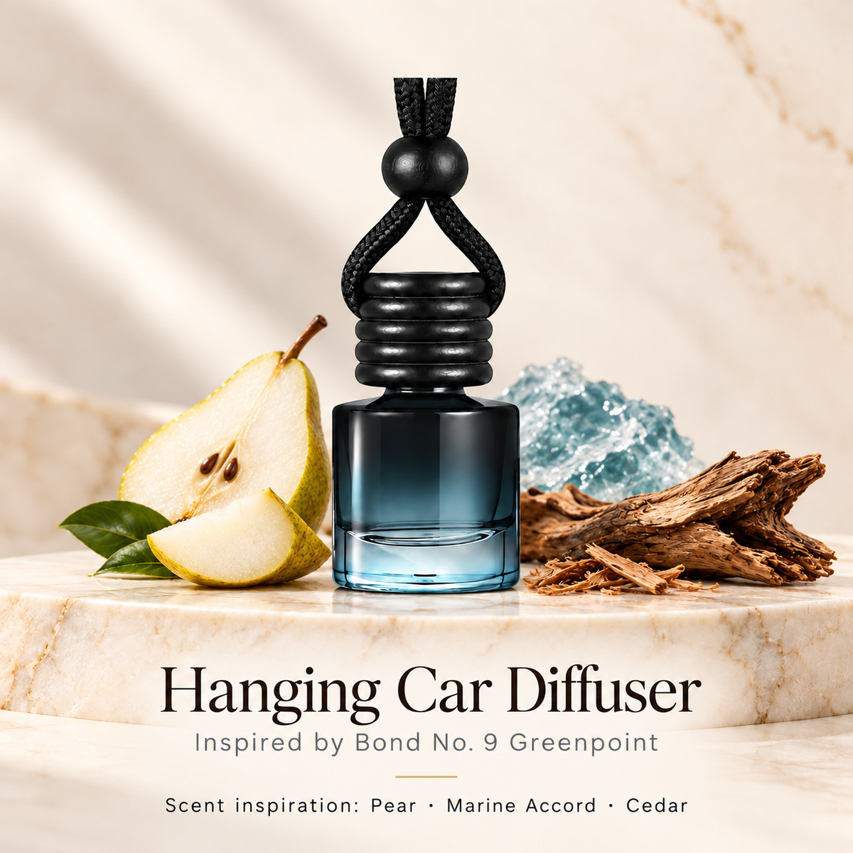 Hanging car diffuser inspired by Bond No. 9 Greenpoint, with scent illustrations on warm ivory stone