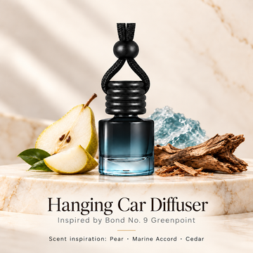 Hanging car diffuser inspired by Bond No. 9 Greenpoint, with scent illustrations on warm ivory stone