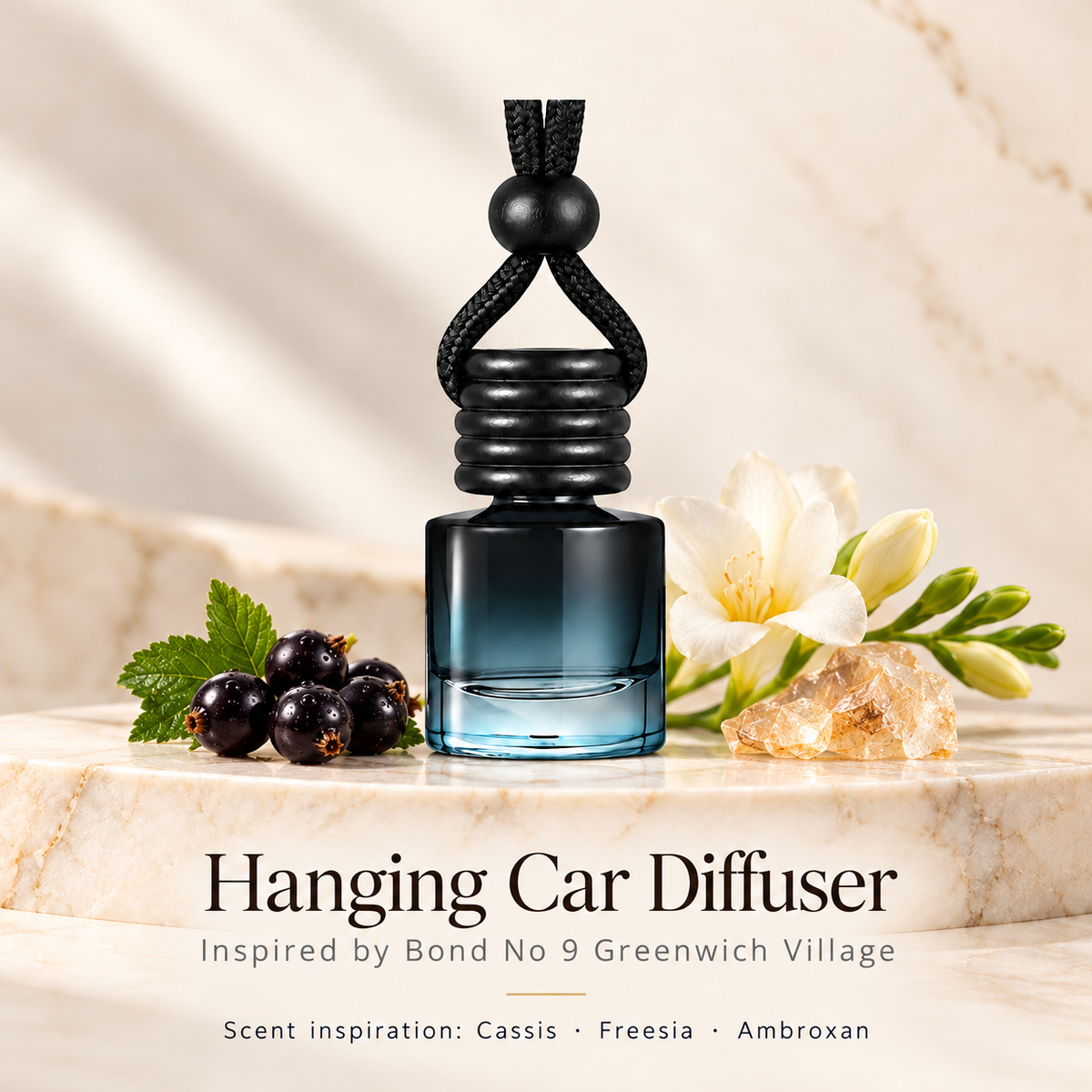 Hanging car diffuser inspired by Bond No 9 Greenwich Village, with scent illustrations on warm ivory stone