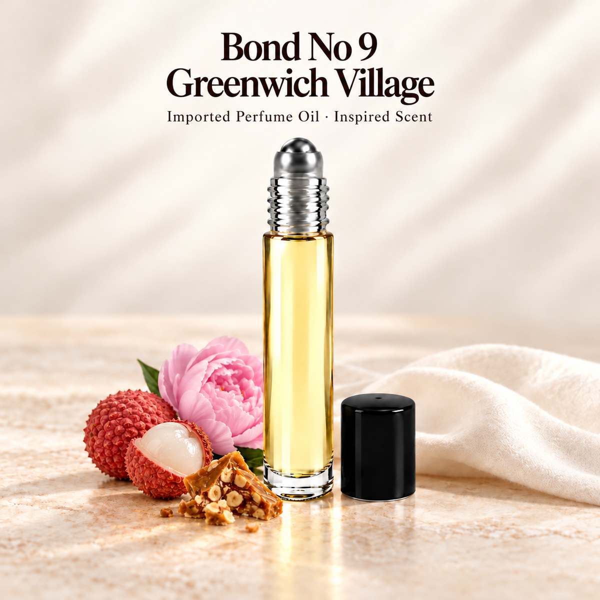 Bond No 9 Greenwich Village Perfume Oil with minimal fragrance note accents on soft ivory