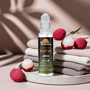 Bond No 9 Greenwich Village Inspired Body Oil with lychee and fabric backdrop
