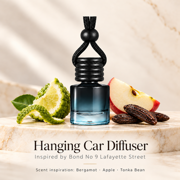Hanging car diffuser inspired by Bond No 9 Lafayette Street, with scent illustrations on warm ivory stone
