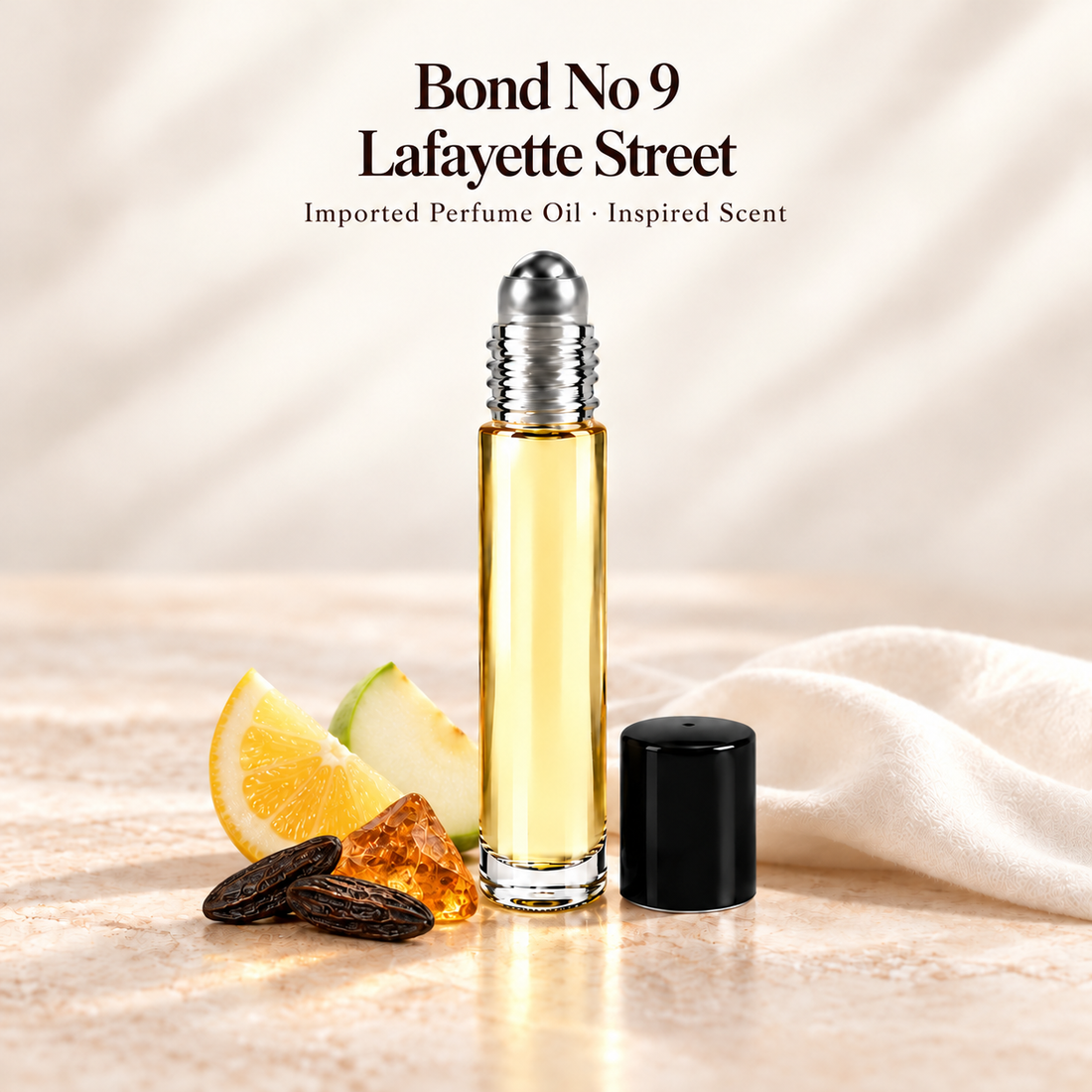Bond No 9 Lafayette Street Perfume Oil with minimal fragrance note accents on soft ivory
