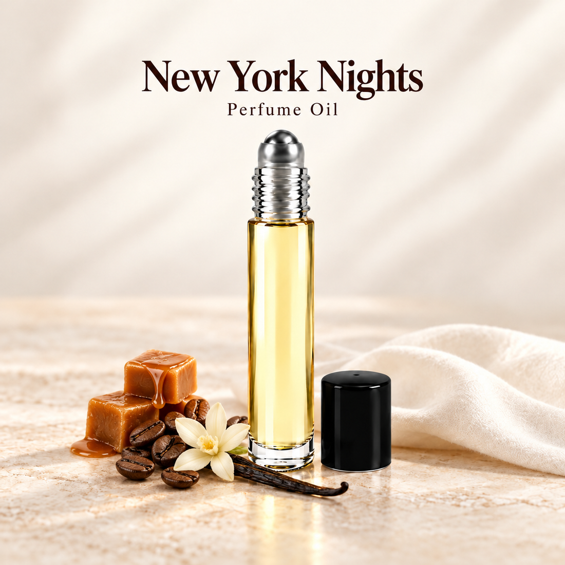 Bond No 9 New York Nights Perfume Oil with simple scent note accents on soft ivory
