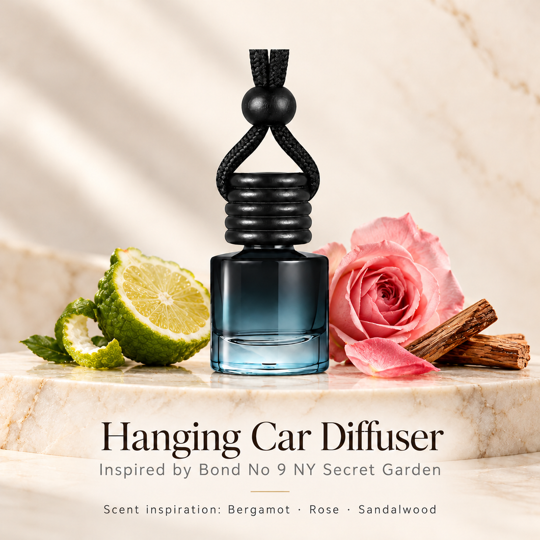 Hanging car diffuser inspired by Bond No 9 NY Secret Garden, with scent illustrations on warm ivory stone