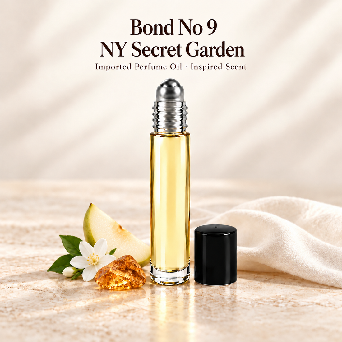 Bond No 9 NY Secret Garden Perfume Oil with minimal fragrance note accents on soft ivory