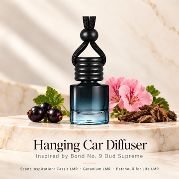 Hanging car diffuser inspired by Bond No. 9 Oud Supreme, with scent illustrations on warm ivory stone