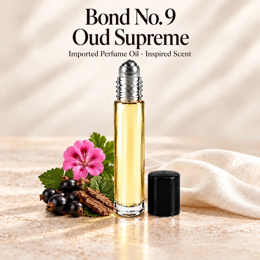 Bond No. 9 Oud Supreme Perfume Oil in a slim glass roll-on bottle with a silver roller and black cap on an ivory stone surface.