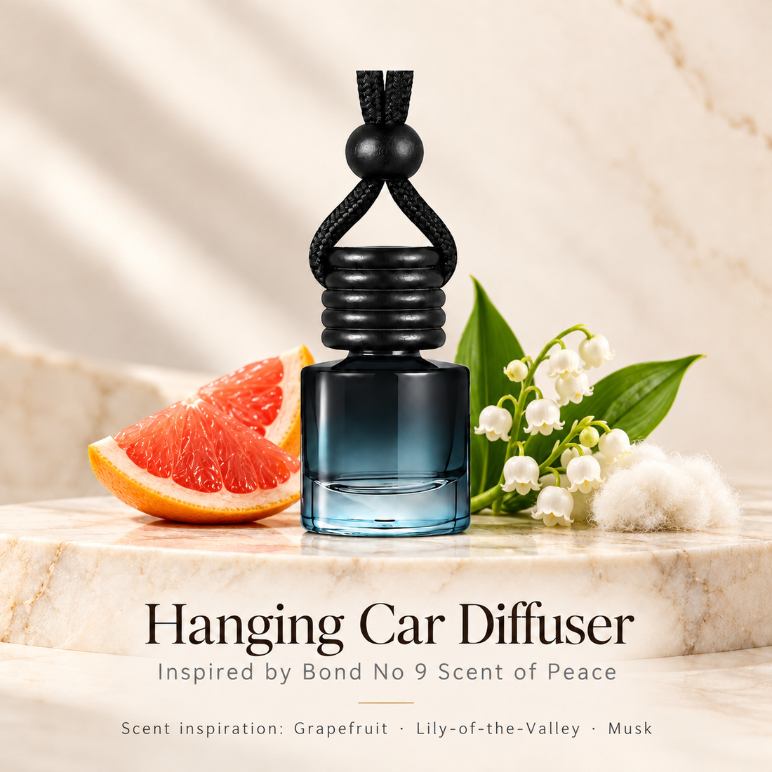 Hanging car diffuser inspired by Bond No 9 Scent of Peace, with scent illustrations on warm ivory stone