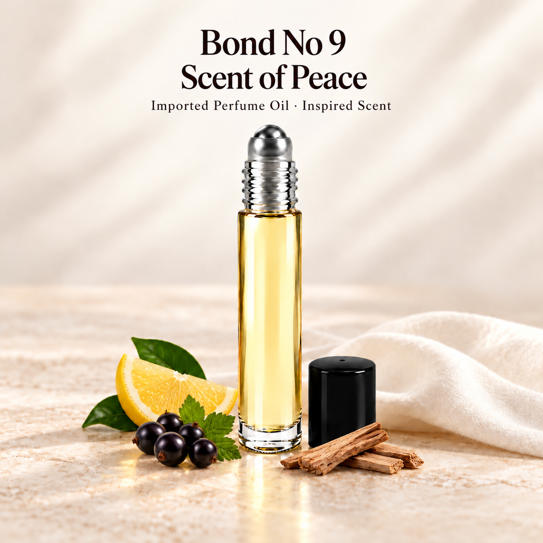 Bond No 9 Scent of Peace Perfume Oil with minimal fragrance note accents on soft ivory