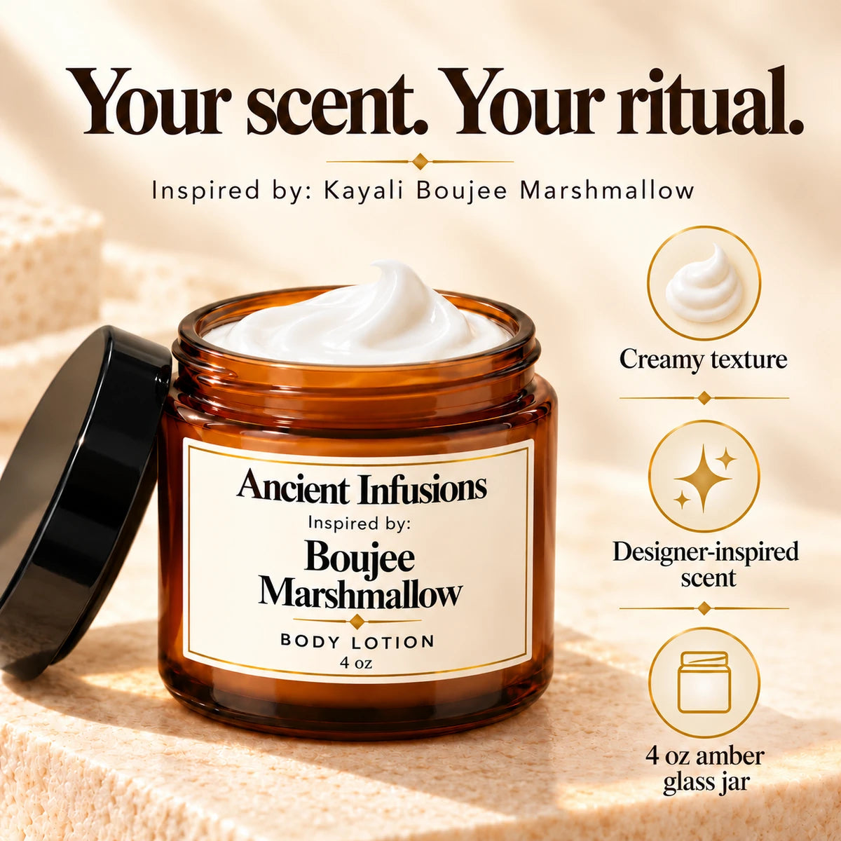 Creamy texture of Boujee Marshmallow Inspired Body Lotion in a 4 oz amber jar