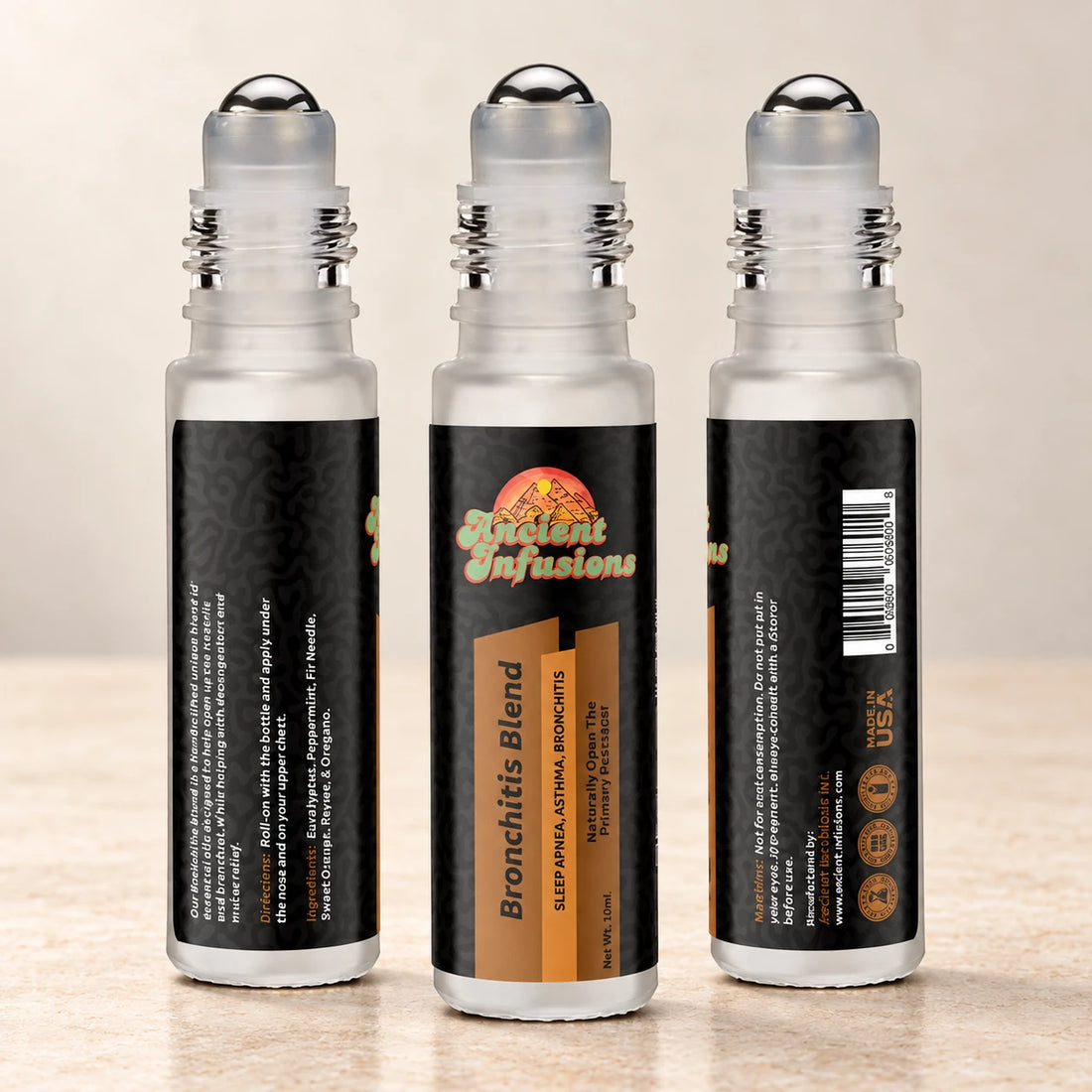 Ancient Infusions Bronchitis Herbal Remedy Oil Fresh & Clear single roller bottle with botanical accents on a soft ivory stone background.