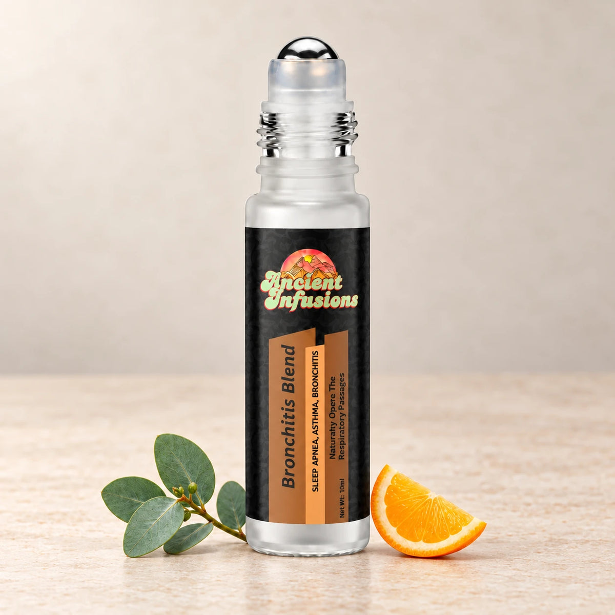 Ancient Infusions Bronchitis Herbal Remedy Oil Fresh & Clear single roller bottle with botanical accents on a soft ivory stone background.