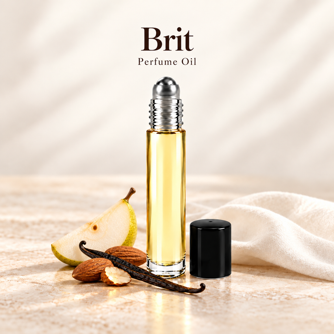 Burberry Brit Perfume Oil with simple scent note accents on soft ivory
