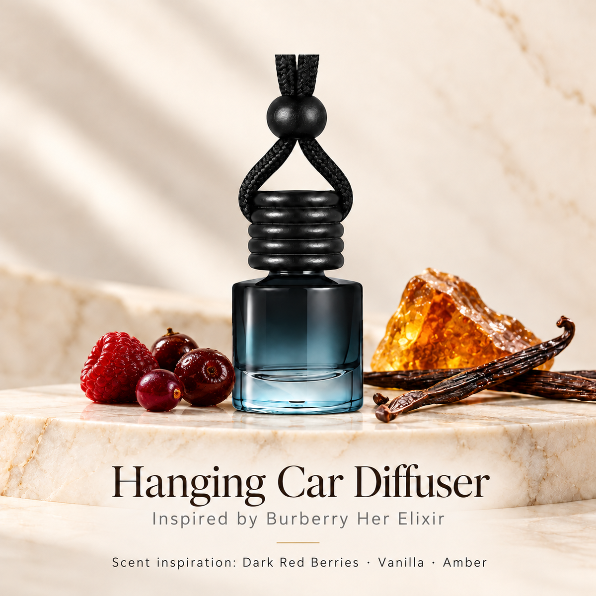 Hanging car diffuser inspired by Burberry Her Elixir, with scent illustrations on warm ivory stone