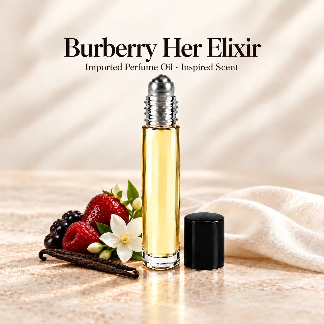 Burberry Her Elixir Perfume Oil in a slim glass roll-on bottle with a silver roller and black cap on an ivory stone surface.