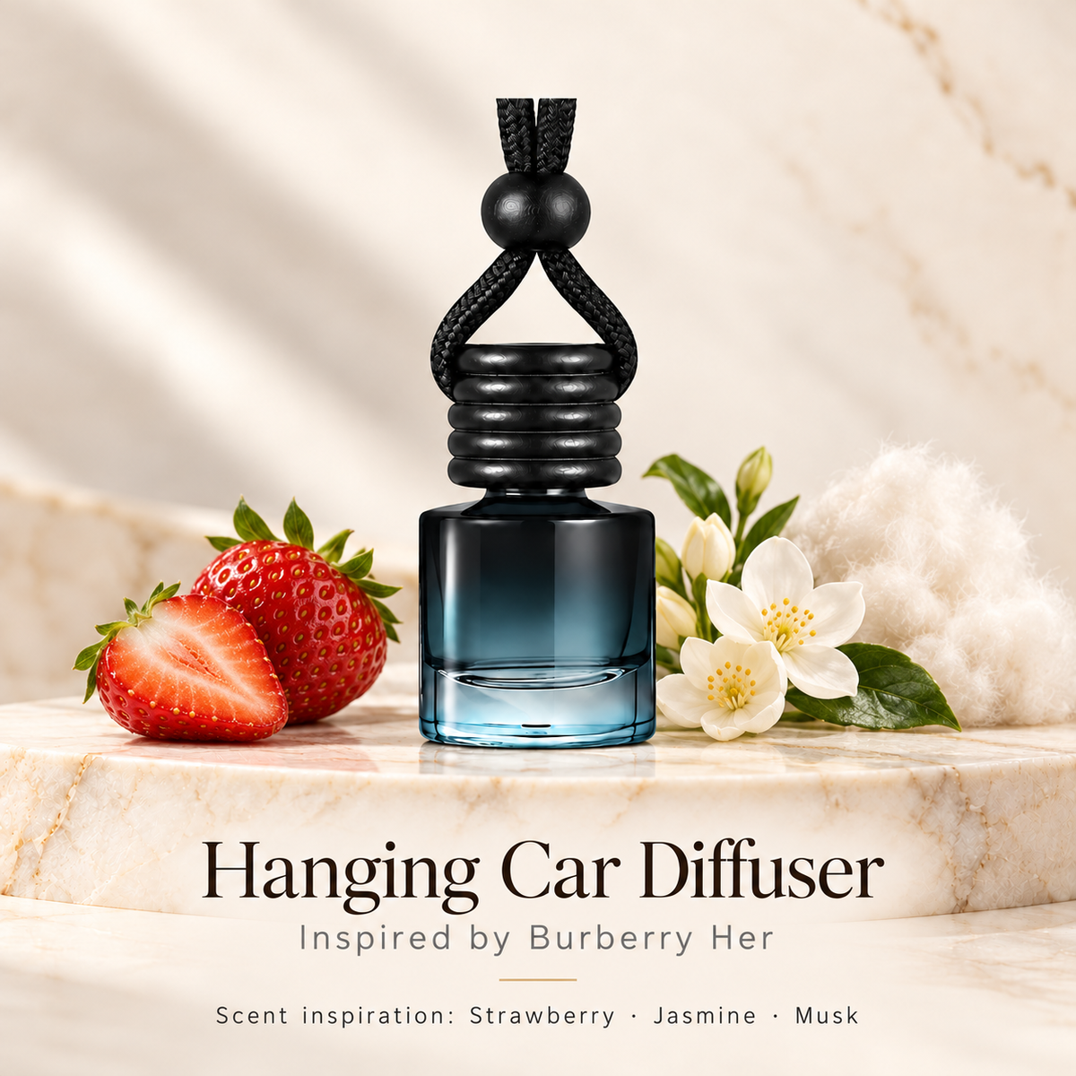 Hanging car diffuser inspired by Burberry Her, with scent illustrations on warm ivory stone