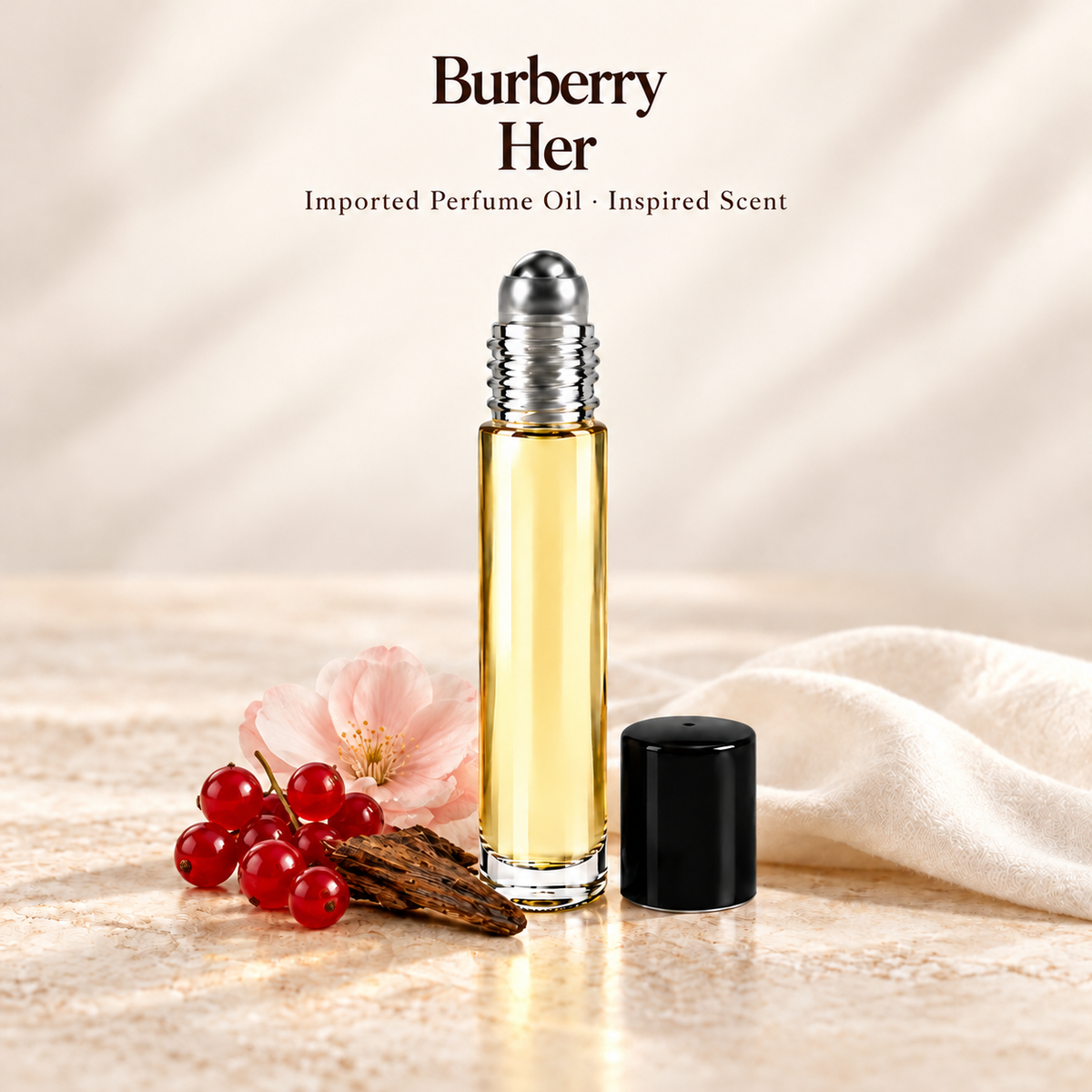 Burberry Her Perfume Oil with minimal fragrance note accents on soft ivory