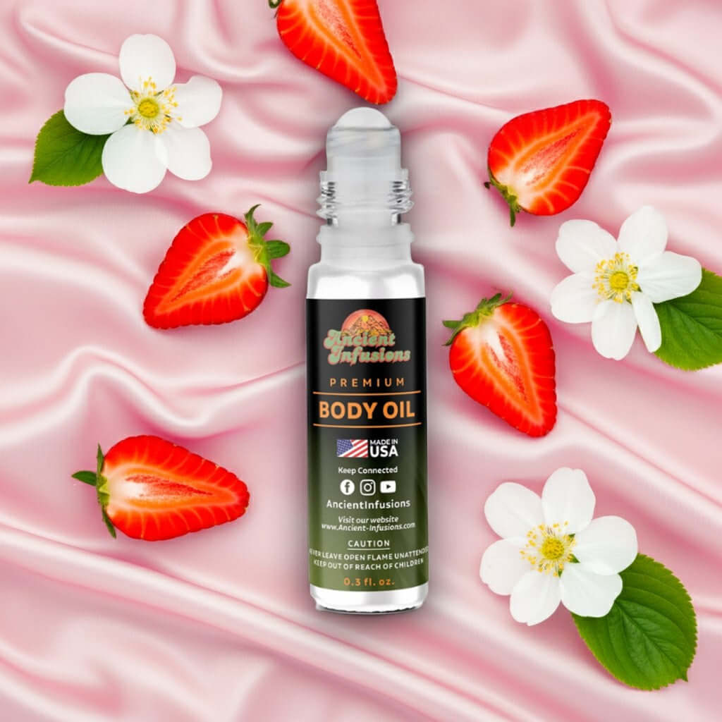 Burberry Her Inspired Body Oil with strawberry and floral accents on pink satin background.