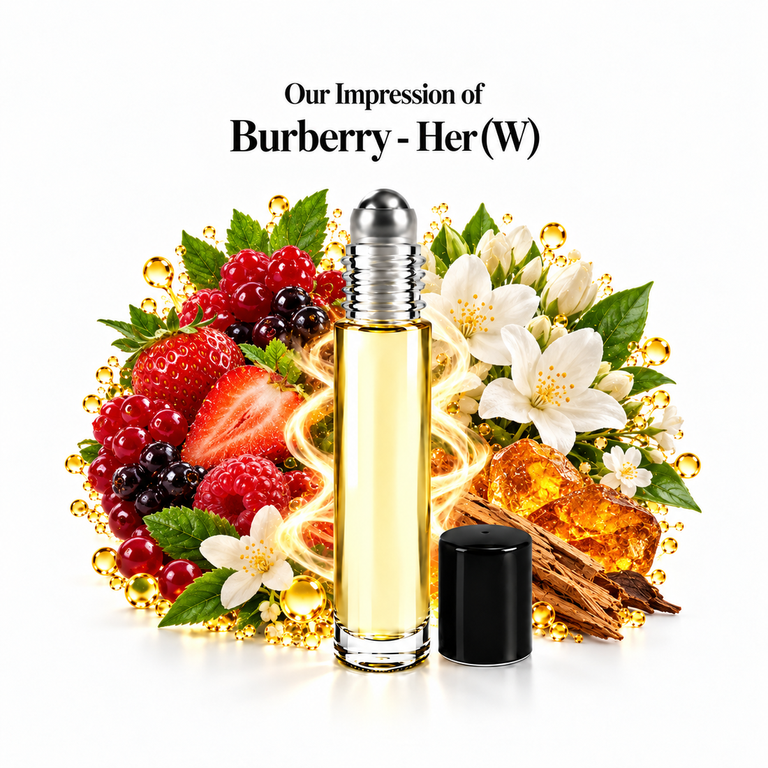Our impression of Burberry - Her Perfume Oil with fragrance notes on white