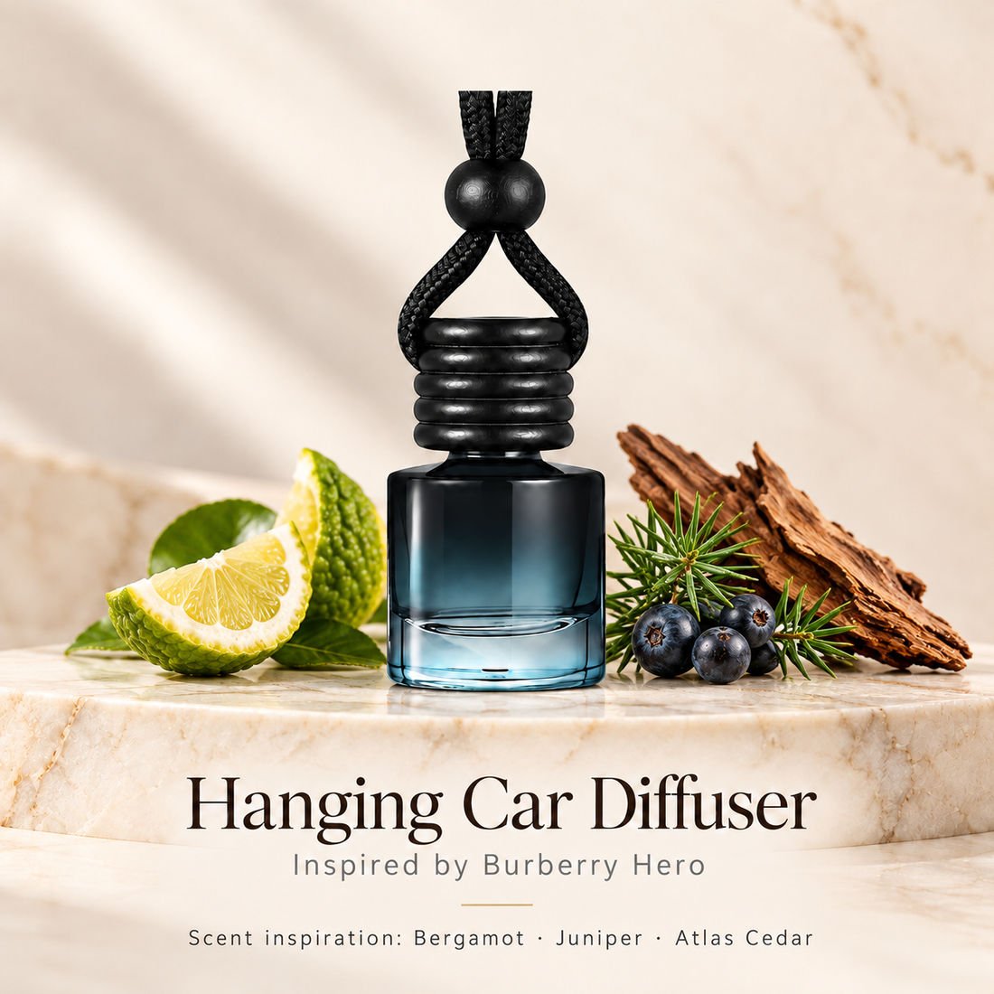 Hanging car diffuser inspired by Burberry Hero, with scent illustrations on warm ivory stone