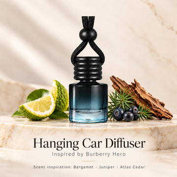 Hanging car diffuser inspired by Burberry Hero, with scent illustrations on warm ivory stone