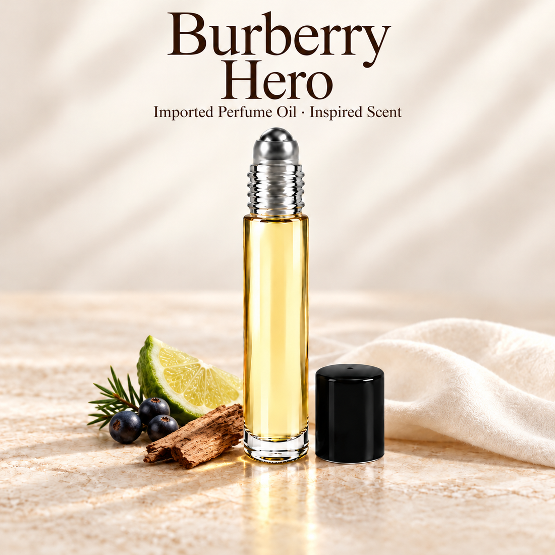 Burberry Hero Perfume Oil with minimal fragrance note accents on soft ivory