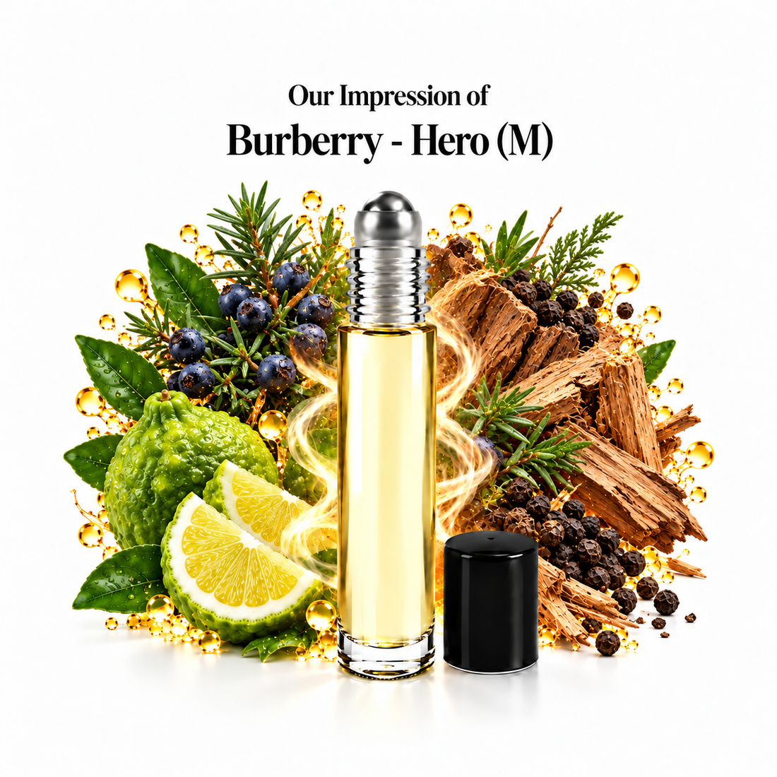 Our impression of Burberry - Hero Perfume Oil with fragrance notes on white