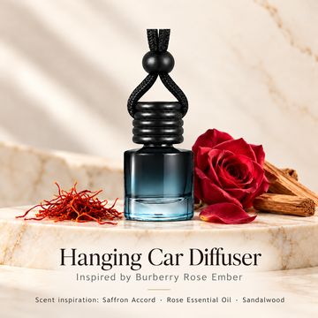 Hanging car diffuser inspired by Burberry Rose Ember, with scent illustrations on warm ivory stone